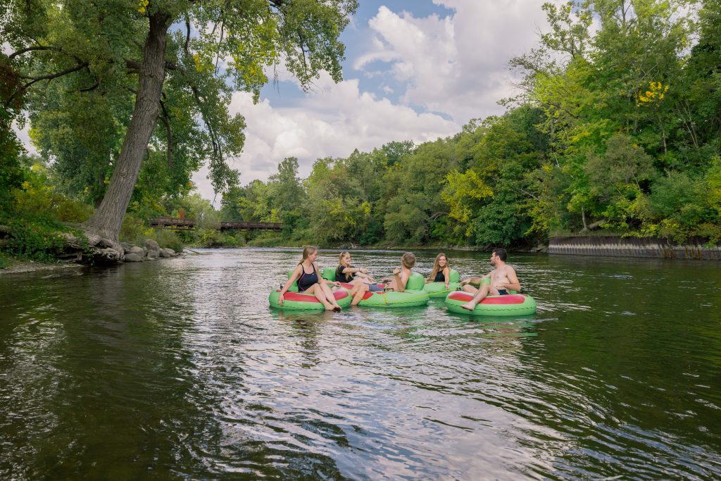 A group of tubers float down the Muskegon River